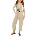 thumbnail image 1 of MIXUE Girls Jumpsuits & Rompers Summer Letter Print Spaghetti Strap V Neck Sleeveless Bodysuits With Pockets Loose Outwear,Beige,13-14 Years, 1 of 5