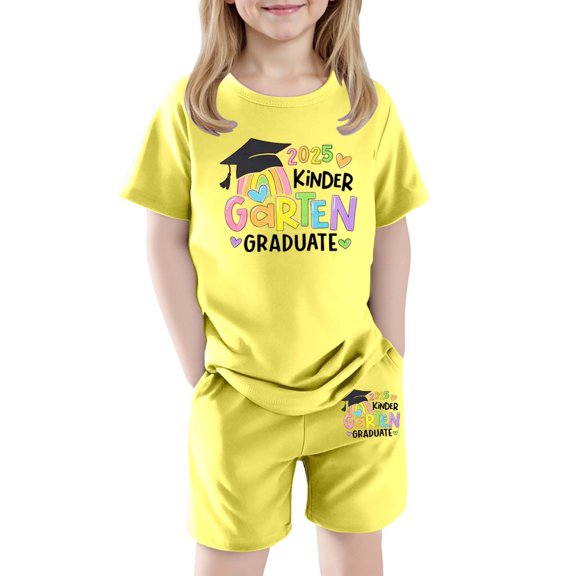 MIXUE Girls Outfit Sets Kids Summer Back To School Cute Letter Print Round Neck Short Sleeve T Shirt Tops With Shorts Elastic Casual 2 Piece Sportwear,Yellow,6-7 Years