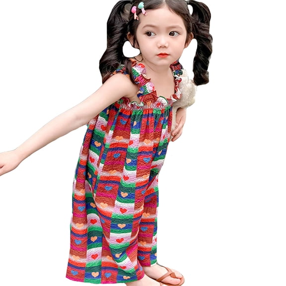 MIXUE Girls Pants Kids Summer Cute Heart Plaid Print Strappy Wide Leg Rompers Loose Fit Casual Breathable Trousers Sportwear,Red,6-7 Years