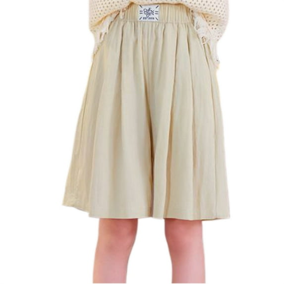 MIXUE Girls Pants Kids Summer Solid Color Elastic High Waist Loose Casual Wide Leg Shorts Trousers Daily-Wear,Beige,9-10 Years