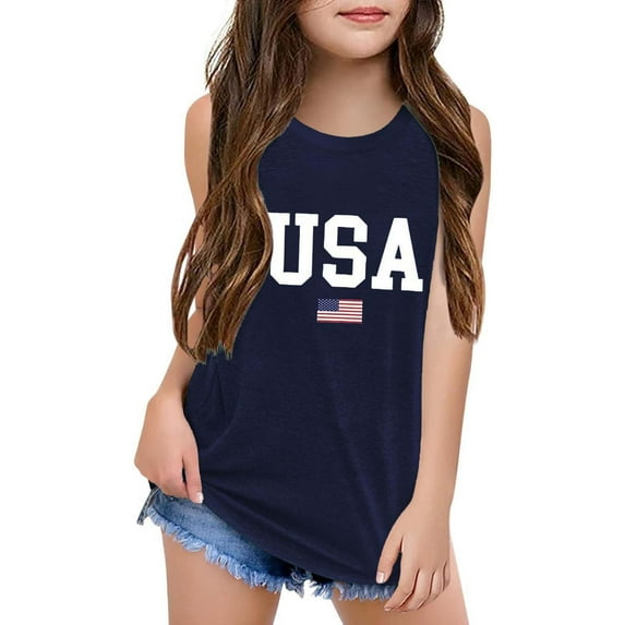 MIXUE Girls T-Shirts & Tank Tops Kids Summer Fourth Of July Independence Day Letter Print Round Neck Sleeveless Loose Casual Tee Shirts Sportwear,Blue,8-9 Years