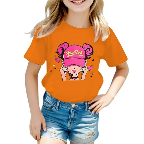 MIXUE Girls Tops & T-Shirts Kids Summer Cute Cartoon Graphic Round Neck Short Sleeve Loose Casual Fashion T Shirts Daily-Wear,Orange,9-10 Years