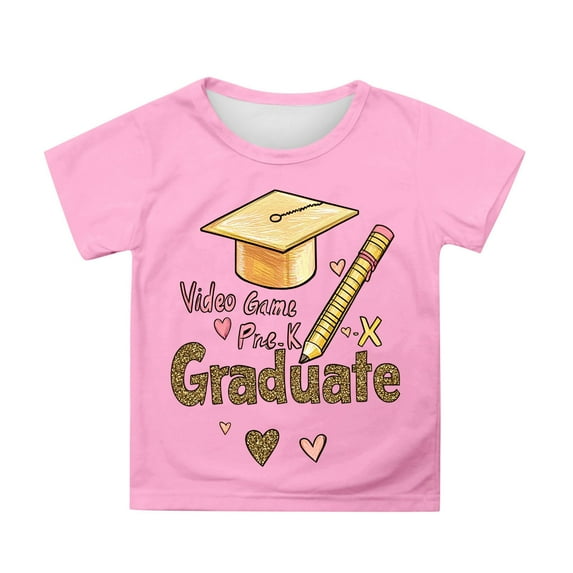 MIXUE Girls Tops & T-Shirts Kids Summer Cute Preschool Graduation Print Round Neck Short Sleeve Loose Fit Casual Tshirts Outwear,Pink,8-9 Years