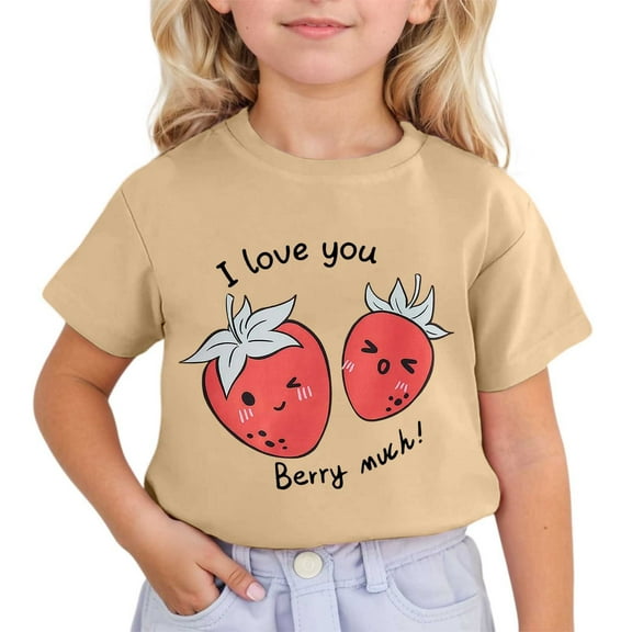 MIXUE Girls Tops & T-Shirts Kids Summer Cute Strawberry Print Round Neck Short Sleeve Fashion Casual Tee Shirts Streetwear,Beige,6-7 Years