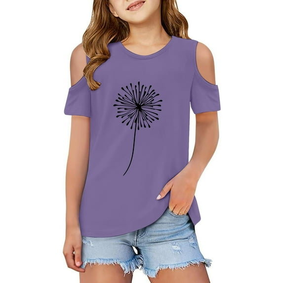 MIXUE Girls Tops & T-Shirts Kids Summer Dandelion Print Round Neck Cold Shoulder Sleeveless Loose Casual Tee Shirts Streetwear,Purple,9-10 Years