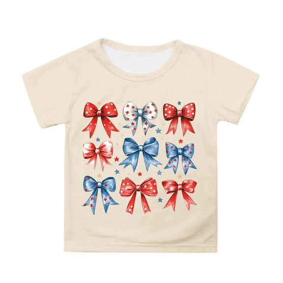 MIXUE Girls Tops & T-Shirts Kids Summer Fourth Of July Independence Day Bowknot Print Round Neck Short Sleeve Casual Party Tshirts Outwear,Yellow,8-9 Years