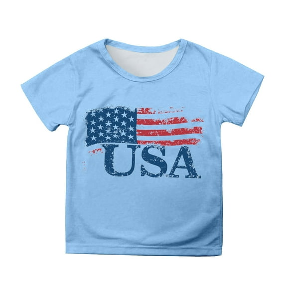 MIXUE Girls Tops & T-Shirts Kids Summer Fourth Of July Independence Day Flag Print Round Neck Short Sleeve Casual Party Tshirts Outwear,Blue,8-9 Years