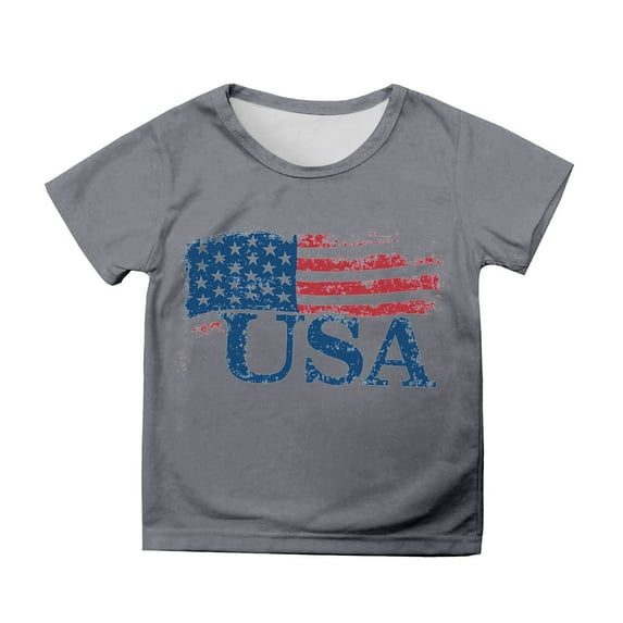 MIXUE Girls Tops & T-Shirts Kids Summer Fourth Of July Independence Day Flag Print Round Neck Short Sleeve Casual Party Tshirts Outwear,Gray,8-9 Years
