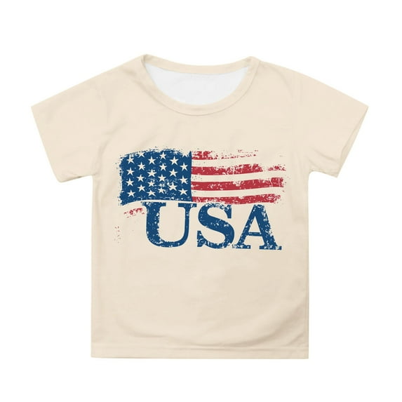 MIXUE Girls Tops & T-Shirts Kids Summer Fourth Of July Independence Day Flag Print Round Neck Short Sleeve Casual Party Tshirts Outwear,Yellow,8-9 Years