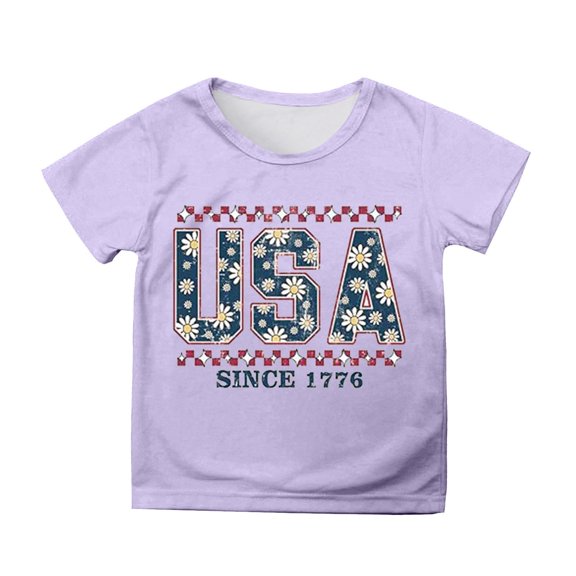 MIXUE Girls Tops & T-Shirts Kids Summer Fourth Of July Independence Day Letter Print Round Neck Short Sleeve Casual Party Tee Shirts Sportwear,Purple,6-7 Years