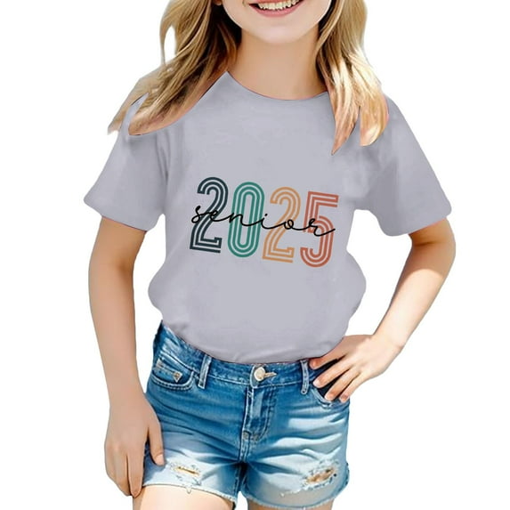 MIXUE Girls Tops & T-Shirts Kids Summer Letter Print Round Neck Short Sleeve Fashion Casual Back To School Tee Shirts Sportwear,Gray,6-7 Years
