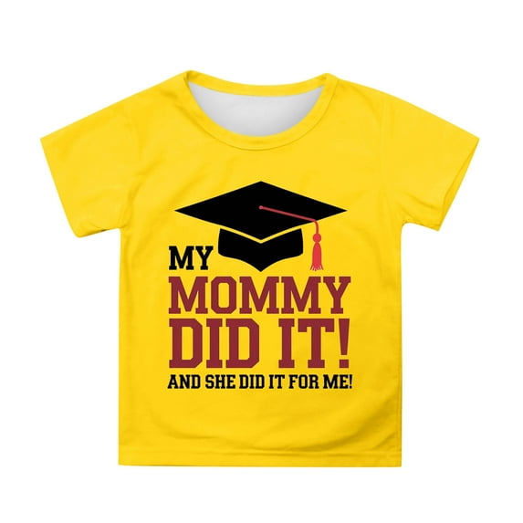 MIXUE Girls Tops & T-Shirts Kids Summer Preschool Graduation Letter Print Round Neck Short Sleeve Loose Casual T Shirts Activewear,Yellow,8-9 Years