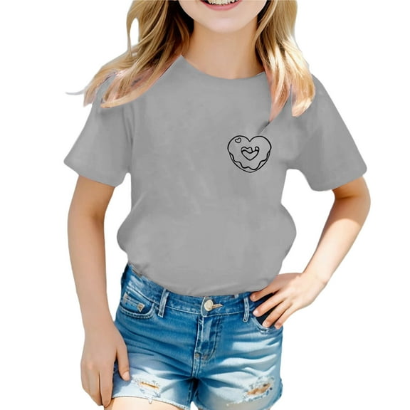 MIXUE Girls Tops & T-Shirts Summer Doughnut Heart Print Round Neck Short Sleeve Loose Casual Tshirts Holiday Wear,Gray,12-13 Years