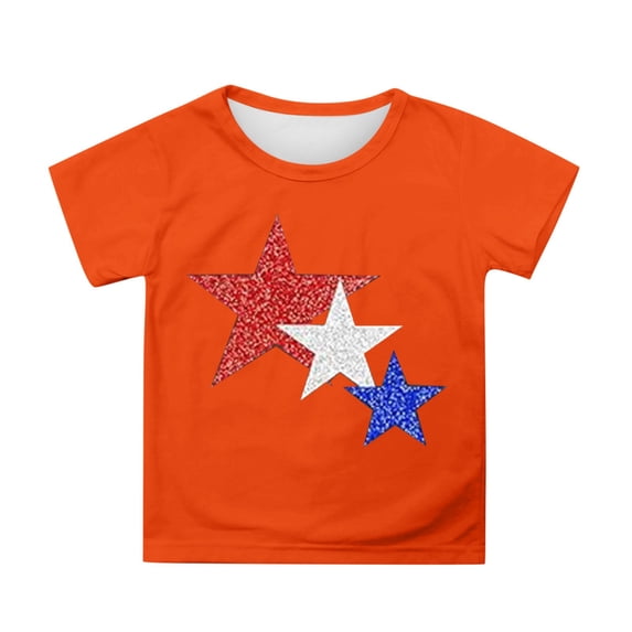 MIXUE Girls Tops & T-Shirts Summer Fourth Of July Independence Day Star Print Round Neck Short Sleeve Casual Party Tee Shirts Streetwear,Orange,12-13 Years