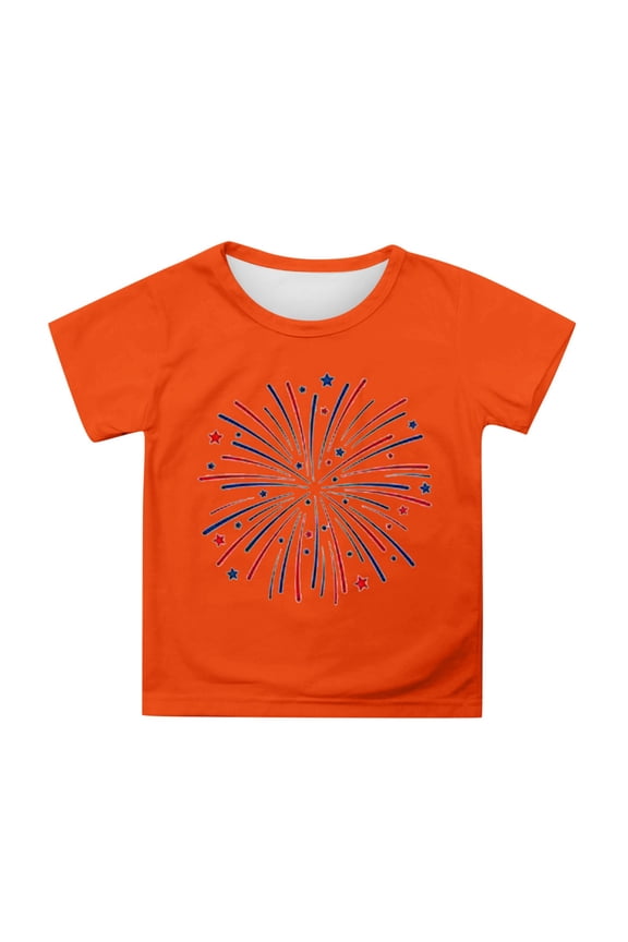 Girls Tops & T-Shirts Summer Fourth Of July Independence Day Star Print Round Neck Short Sleeve Casual Party Tee Shirts Streetwear,Orange,12-13 Years