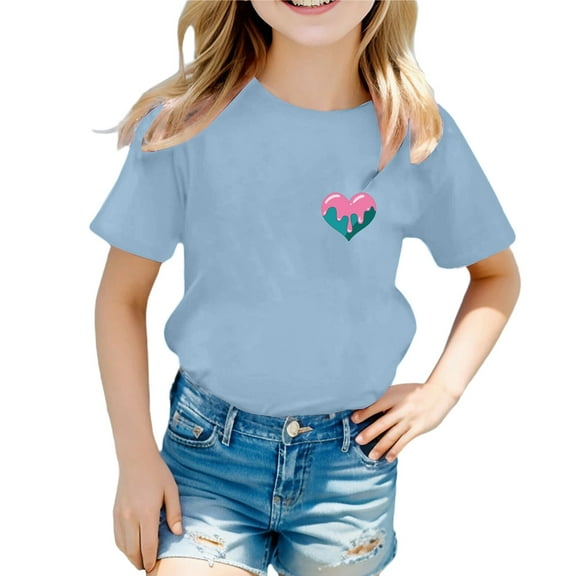 MIXUE Girls Tops & T-Shirts Summer Heart Print Round Neck Short Sleeve Loose Casual Tshirts Holiday Wear,Blue,12-13 Years