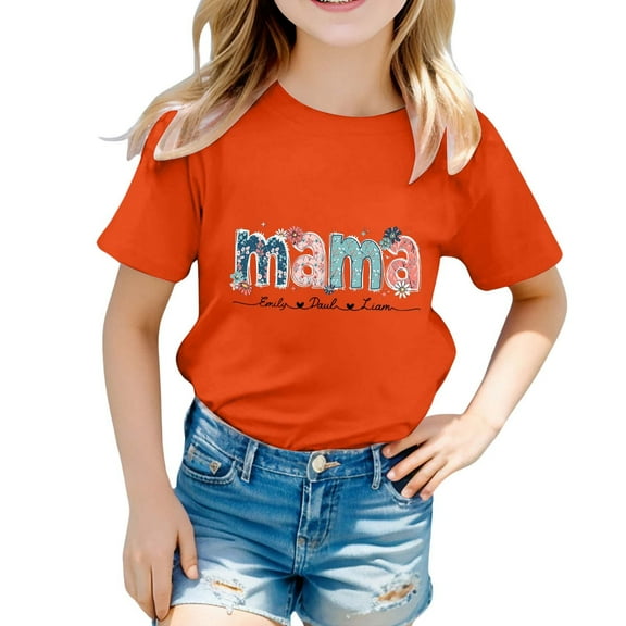 MIXUE Girls Tops & T-Shirts Summer Mother'S Day Floral Letter Print Crew Neck Short Sleeve Fashion Casual Tshirts Holiday Wear,Orange,12-13 Years