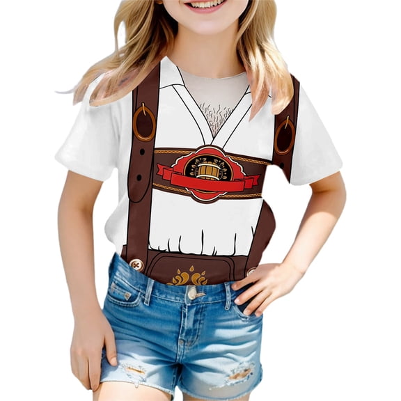 MIXUE Girls Tops & T-Shirts Summer Oktoberfest Print Round Neck Short Sleeve Fashion Casual Comfortable Tee Shirts Streetwear,Brown,12-13 Years