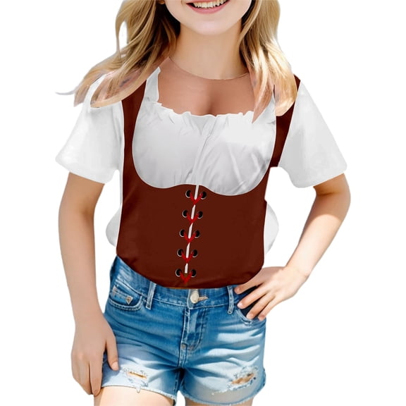 MIXUE Girls Tops & T-Shirts Summer Oktoberfest Print Round Neck Short Sleeve Fashion Casual Tee Shirts Streetwear,Brown,12-13 Years