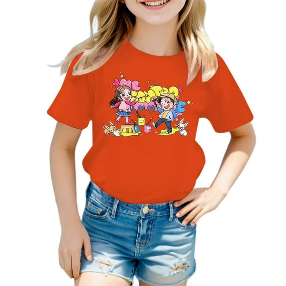 MIXUE Girls Tops & T-Shirts Tween Summer Cute Cartoon Print Round Neck Short Sleeve Loose Casual Fashion Tshirts Holiday Wear,Orange,10-11 Years