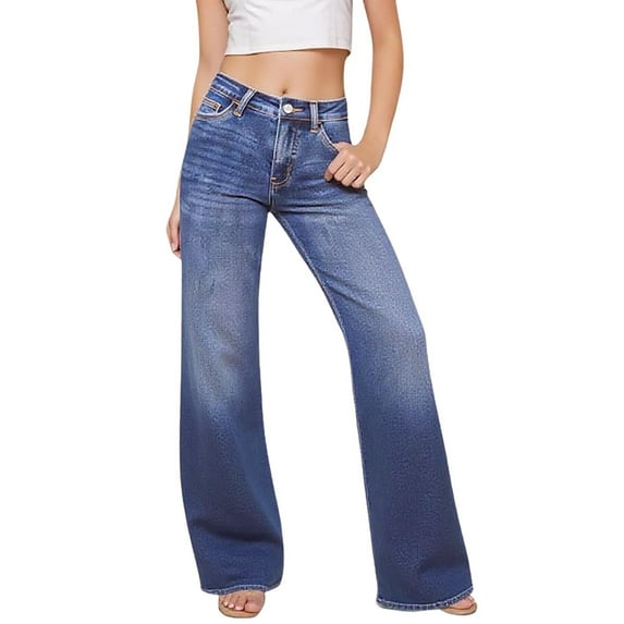 MIXUE Jeans For Women Denim Solid Color High Waist Baggy Wide Leg Stretchy Basic Comfortable Pants Sportswear,Blue,XXL