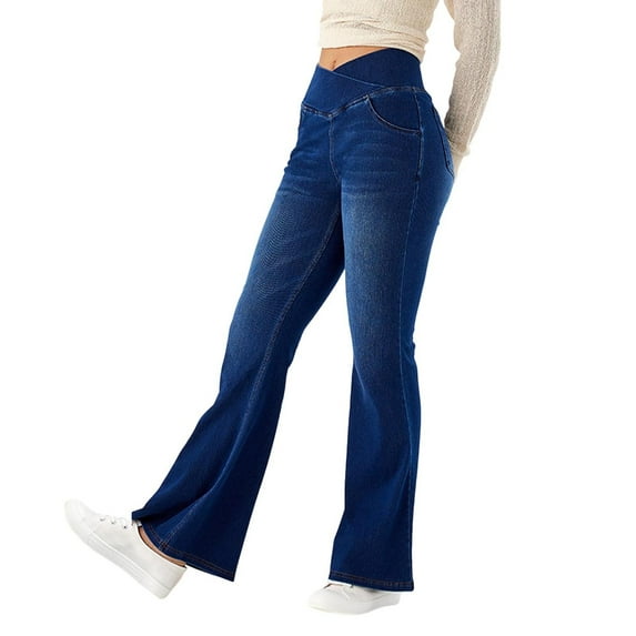 MIXUE Jeans For Women Denim Solid Color High Waist Stretch Wide Leg With 4 Pockets Comfortable Trousers Flared Pants Holiday Wear,Blue,S