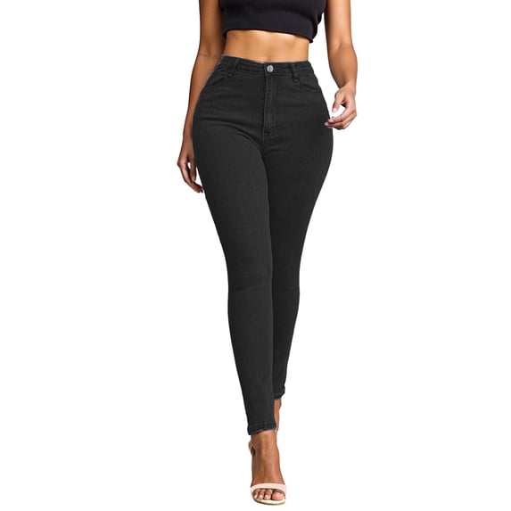 MIXUE Jeans For Women Denim Solid Color High Waist Stretchy Retro With Pockets Pants Outwear,Black,S