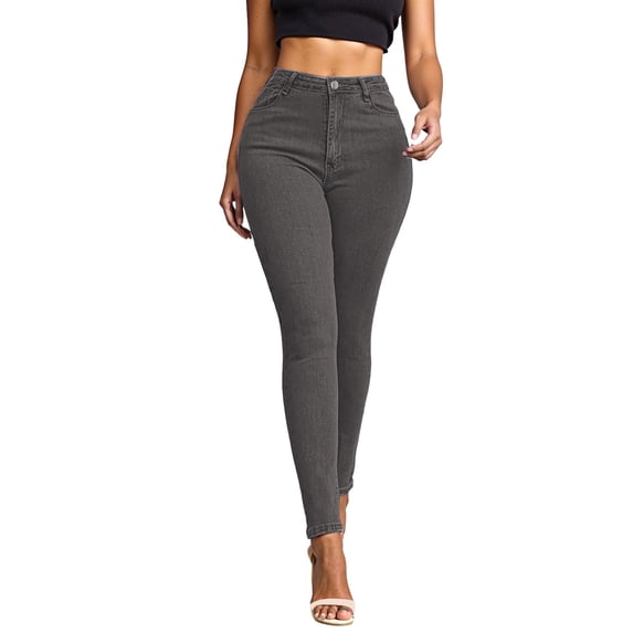 MIXUE Jeans For Women Denim Solid Color High Waist Stretchy Retro With Pockets Pants Streetwear,Gray,S