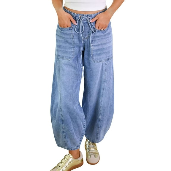 MIXUE Jeans For Women Solid Color Casual Fashion Loose Wide Leg Pants Washed Long Pants Scimitar Pants Trousers Daily-Wear,Blue,S