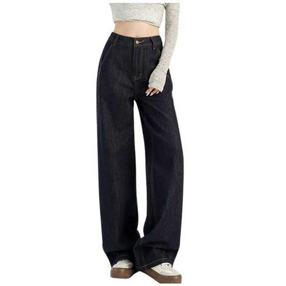 MIXUE Jeans For Women Solid Color Casual Loose Wide Leg (Also Available In Larger Sizes) Trousers Streetwear,Black,S