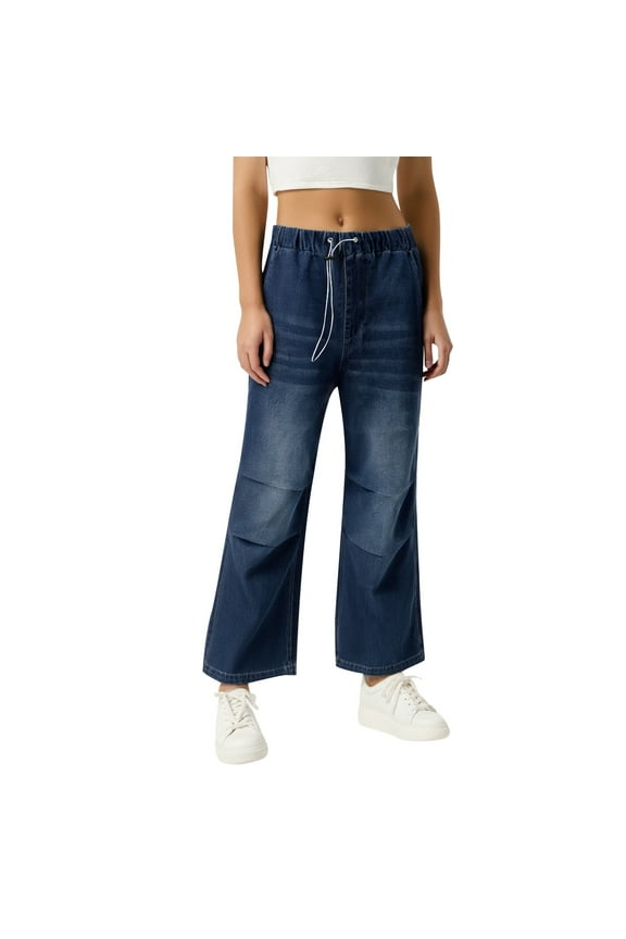 Jeans For Women Solid Color Drawstring Straight Leg Elastic Mid Rise Wash Pleated Detail Denim Trousers Outwear,Blue,S