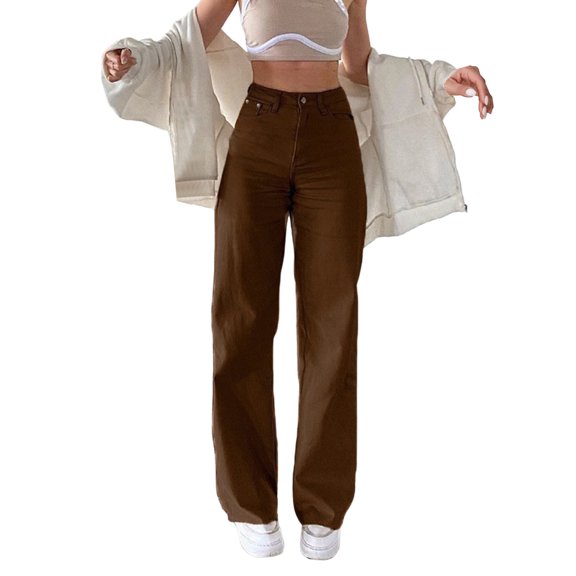 MIXUE Jeans For Women Solid Color Fashion Loose Button Pocket Washed Polished Waist Ripped Trousers Holiday Wear,Brown,S