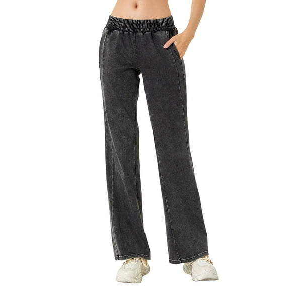 MIXUE Jeans For Women Solid Color Fashion Loose Washed Polished Waist Trousers Sportswear,Gray,M