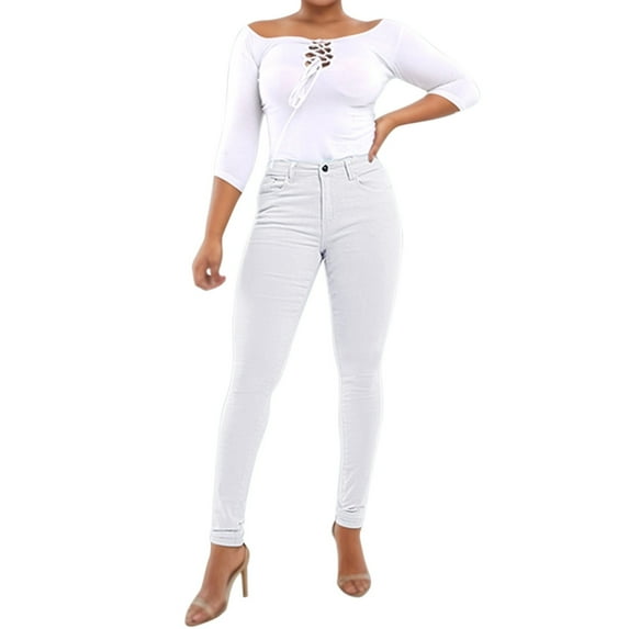 MIXUE Jeans For Women Solid Color Fashionable High Elastic Foot Lift High Waist Skinny Trousers Sportswear,White,M
