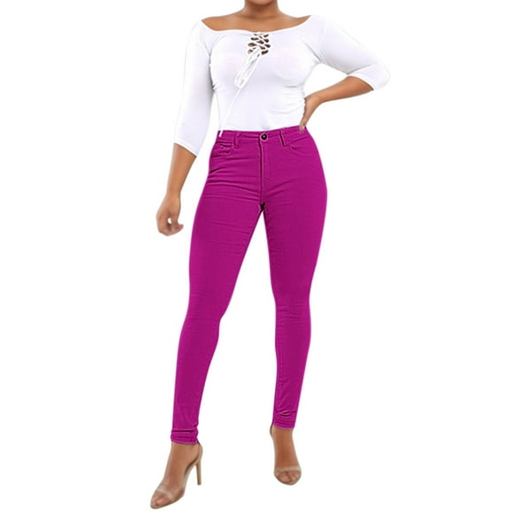 MIXUE Jeans For Women Solid Color Fashionable High Elastic Foot Lifting High Waist Skinny Trousers Daily-Wear,Red,XXL