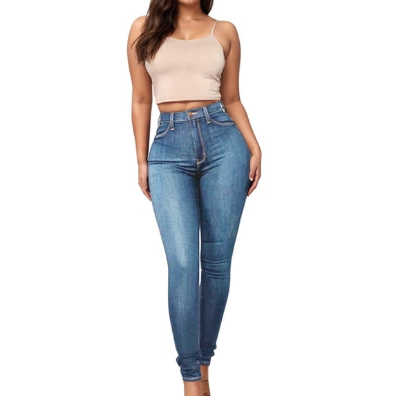 MIXUE Jeans For Women Solid Color Fashionable High Elastic Foot Lifting High Waist Skinny Trousers Outwear,Blue,XL