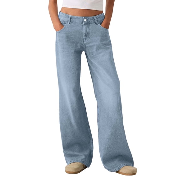 MIXUE Jeans For Women Solid Color Fashionable Loose Wide Leg Casual Trousers Holiday Wear,Blue,L