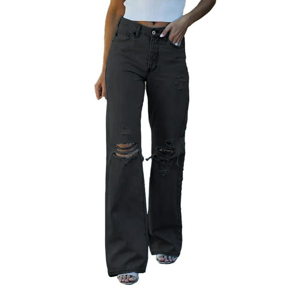 MIXUE Jeans For Women Solid Color Flare Denim Hole Waist Pants Ripped High Distressed Trousers Activewear,Black,M