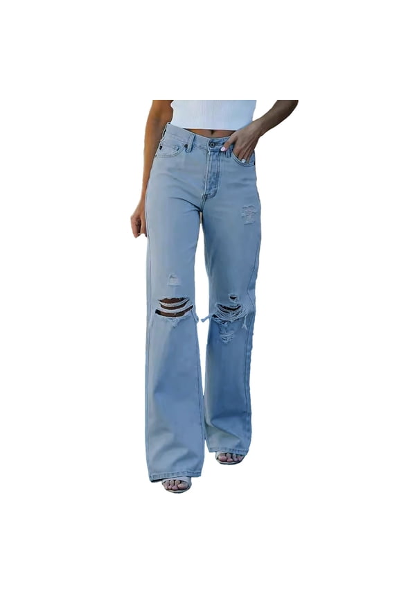 Jeans For Women Solid Color Flare Denim Hole Waist Pants Ripped High Distressed Trousers Sportswear,Blue,XXL