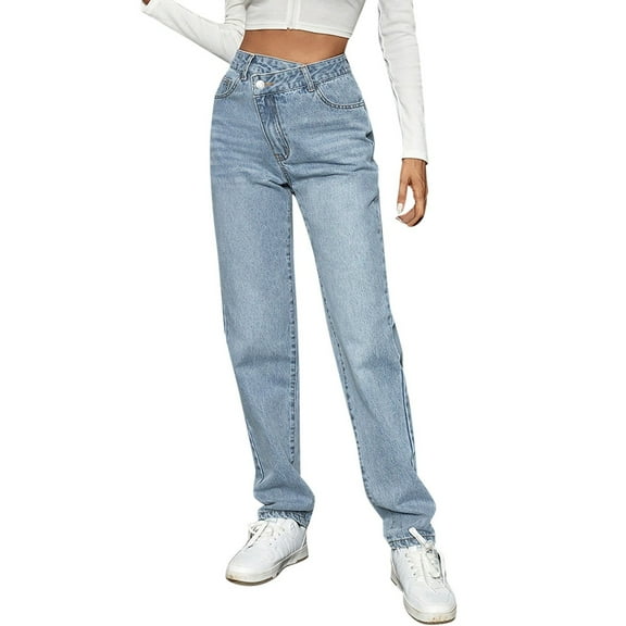 MIXUE Jeans For Women Solid Color High Waist Loose Fit Denim Pants Fashionable Trousers Activewear,Blue,L