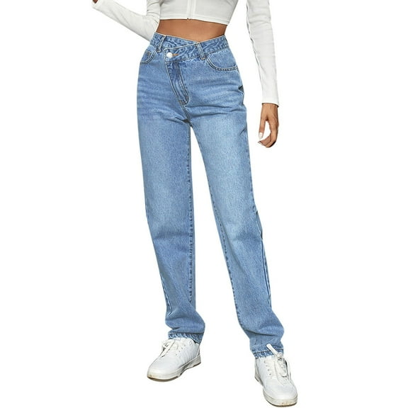 MIXUE Jeans For Women Solid Color High Waist Loose Fit Denim Pants Fashionable Trousers Holiday Wear,Blue,M