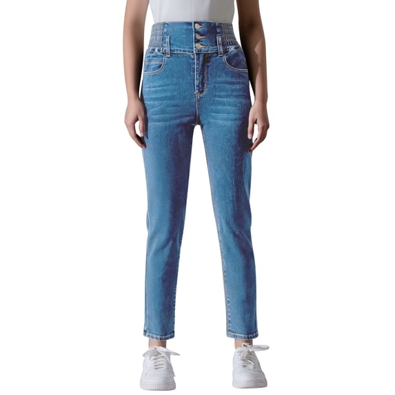 MIXUE Jeans For Women Solid Color High Waist Stretch Button Push Up Lifting Skinny Colombian Trousers Activewear,Blue,M
