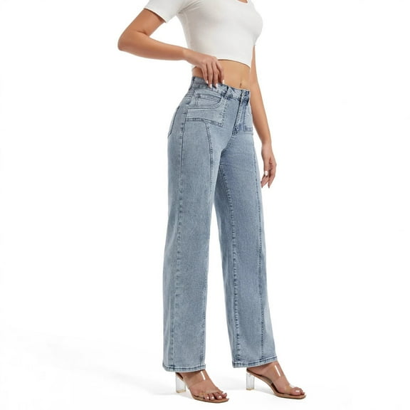 MIXUE Jeans For Women Solid Color High Waisted Cargo Stretch Wide Leg Denim Pants Trendy Trousers Sportswear,Blue,L