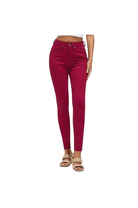 Jeans For Women Solid Color High Waisted Lifting Distressed Stretch Skinny Sexy Colombian Trousers Streetwear,Red,S