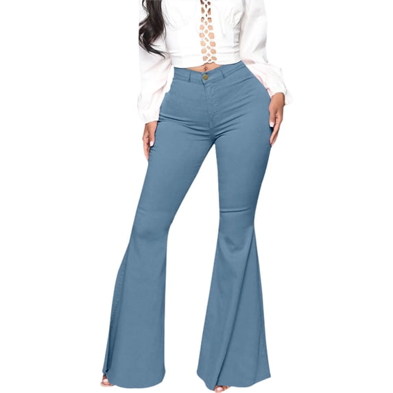 MIXUE Jeans For Women Solid Color Ladies Stretch Denim Flared Pants Casual Pants Trousers Daily-Wear,Blue,XXL