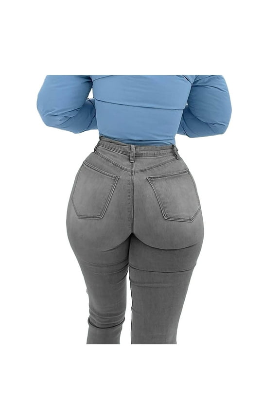 Jeans For Women Solid Color Lifting Skinny High Waisted Cola Push Up Trousers Outwear,Gray,L