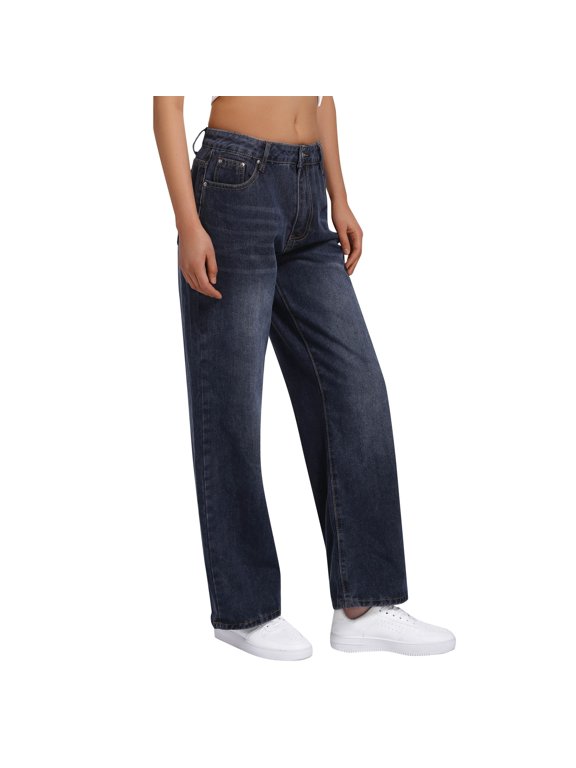 Jeans For Women Solid Color Loose Wide Leg Denim Pants Low Waist Retro Style Plus Size Trousers Daily-Wear,Blue,M