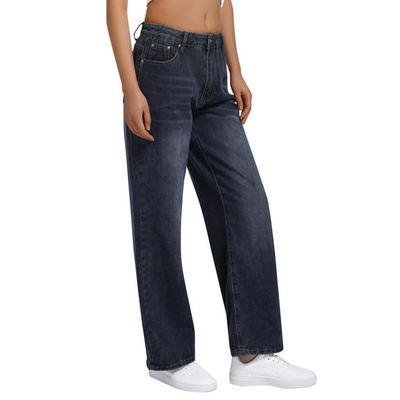 MIXUE Jeans For Women Solid Color Loose Wide Leg Denim Pants Low Waist Retro Style Plus Size Trousers Outwear,Blue,L