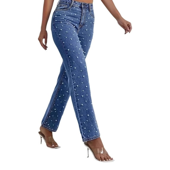 MIXUE Jeans For Women Solid Color Pearl High Waisted Flare Leg Denim Pants Casual Baggy Boyfriend Trousers Daily-Wear,Blue,S