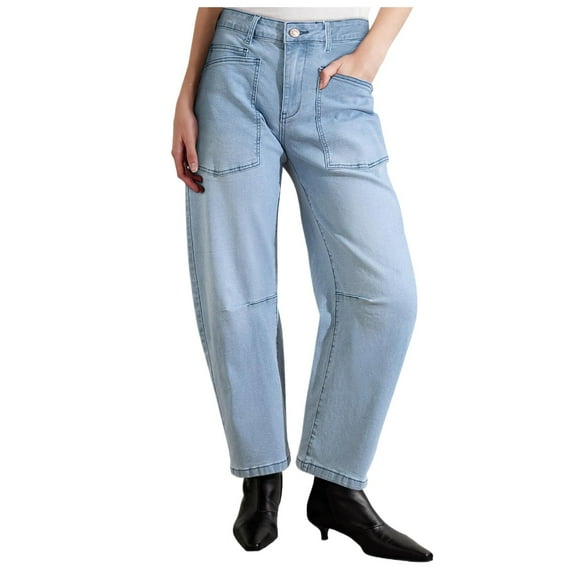 MIXUE Jeans For Women Solid Color Retro Deconstruction Tooling Patch Pocket Washed Curved High Waisted Trousers Activewear,Blue,XXL